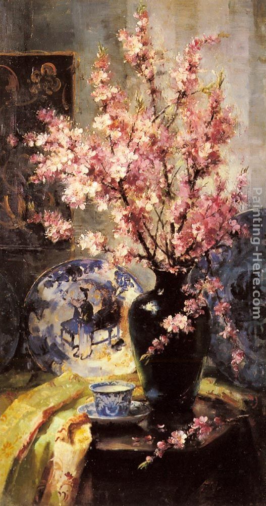 Frans Mortelmans Apple Blossoms and Blue and White Porcelain on a Table